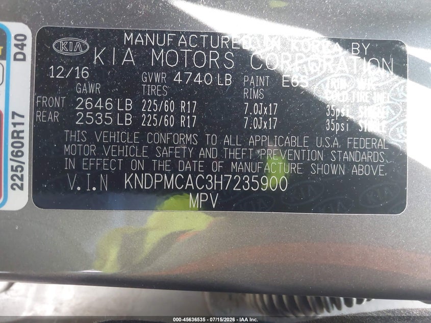 2017 Kia Sportage VIN KNDPMCAC3H7235900 IAAI salvage auction — RIGHT FRONT, Salvage (Pennsylvania), sold $1,800 on 2026-07-29 (photo 9)