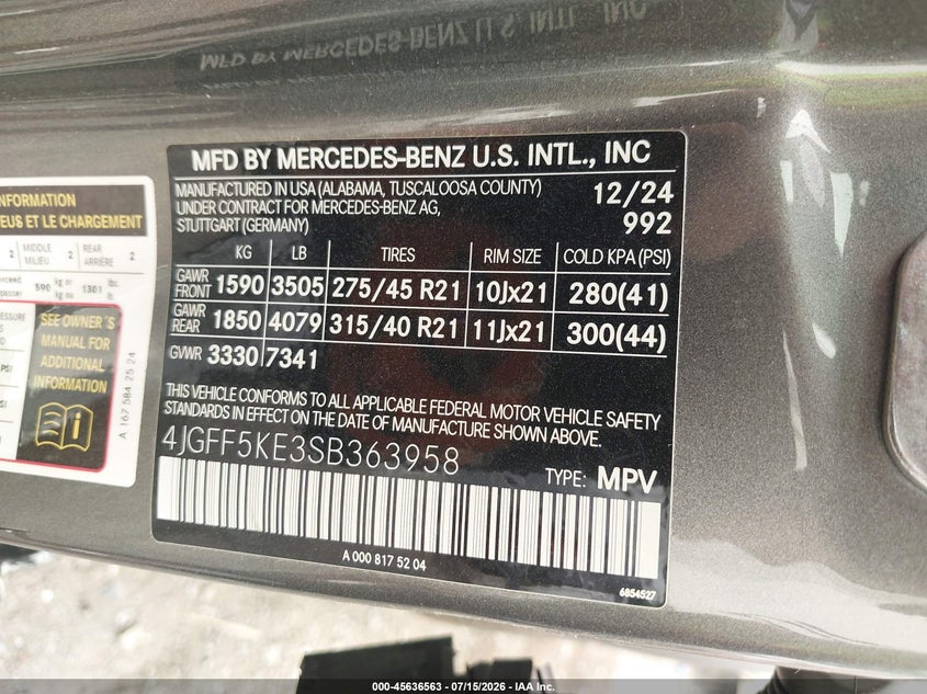 2025 Mercedes-benz Gls-klasse VIN 4JGFF5KE3SB363958 IAAI salvage auction — SIDE, Mv-907A (New York), sold $37,950 on 2026-08-04 (photo 9)