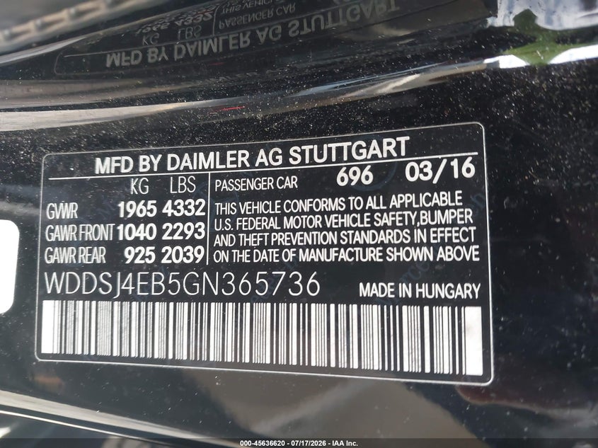 2016 Mercedes-benz Cla-klasse VIN WDDSJ4EB5GN365736 IAAI salvage auction — FRONT END, Wait Title, sold $1,525 on 2026-08-17 (photo 9)