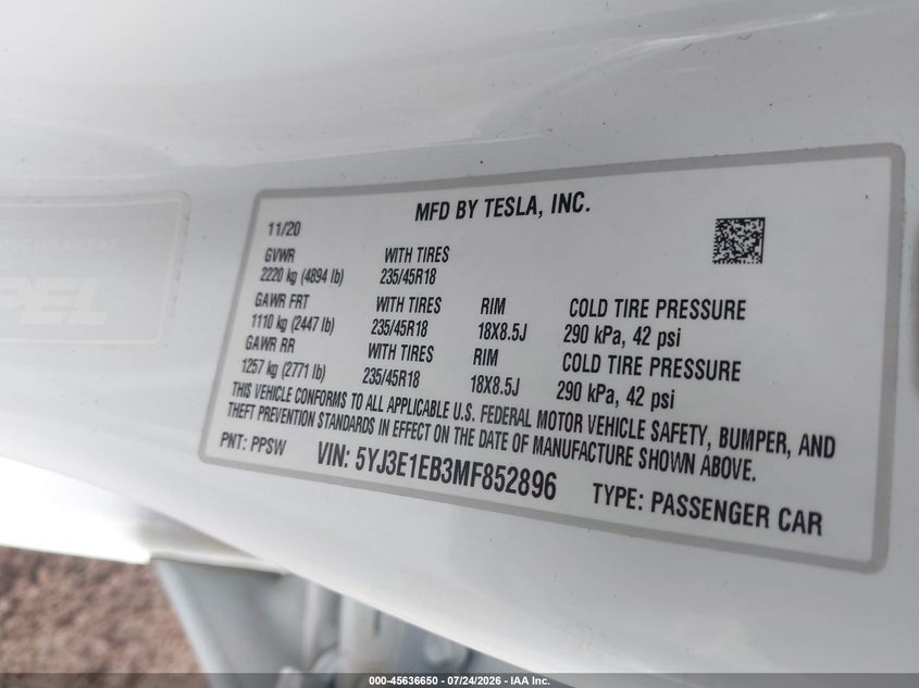 2021 Tesla Model 3 VIN 5YJ3E1EB3MF852896 IAAI salvage auction — UNDERCARRIAGE, Salvage Title, sold $7,500 on 2026-09-07 (photo 9)