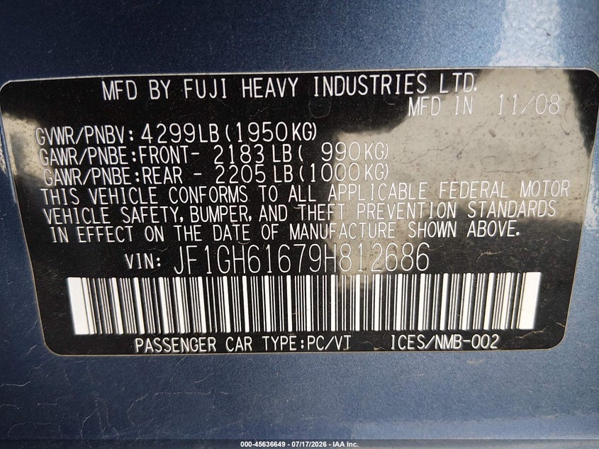 2009 Subaru Impreza VIN JF1GH61679H812686 IAAI salvage auction — NORMAL WEAR, Peddle Clear Public-Restricted (Oregon), sold $125 on 2026-07-29 (photo 9)