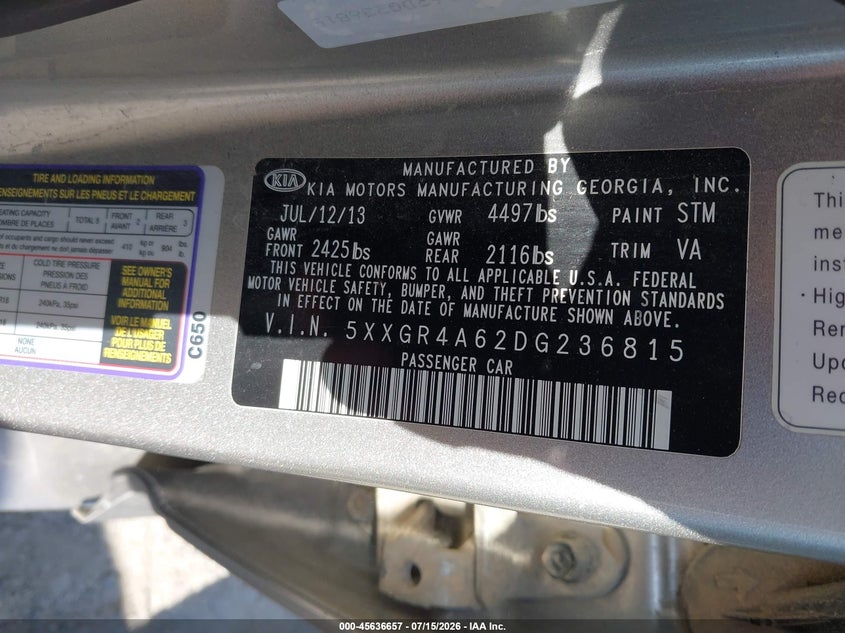 2013 Kia Optima VIN 5XXGR4A62DG236815 IAAI salvage auction — NORMAL WEAR, Regular Certificate (Iowa), sold $400 on 2026-07-29 (photo 9)
