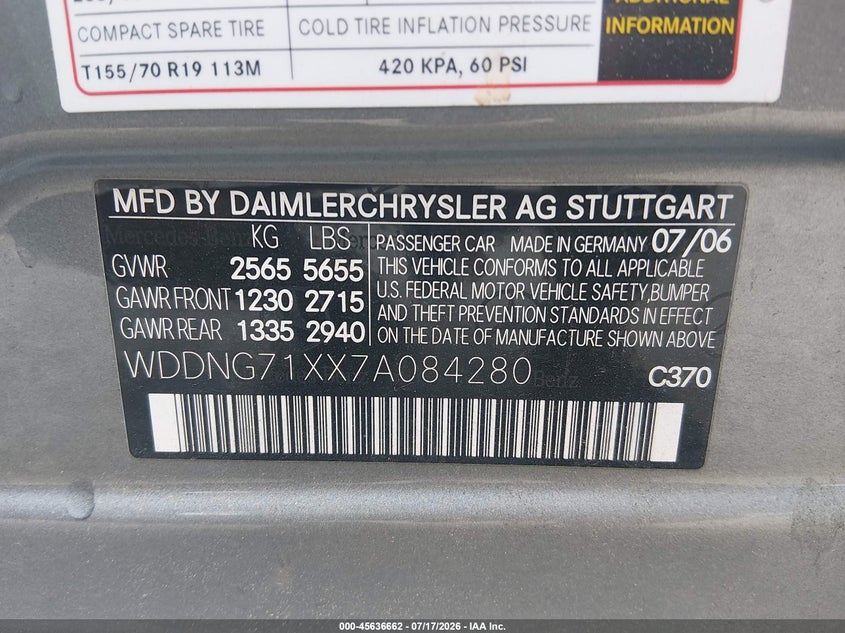 2007 Mercedes-benz S class VIN WDDNG71XX7A084280 IAAI salvage auction — FRONT END, Clear (Virginia), sold $775 on 2026-08-18 (photo 9)