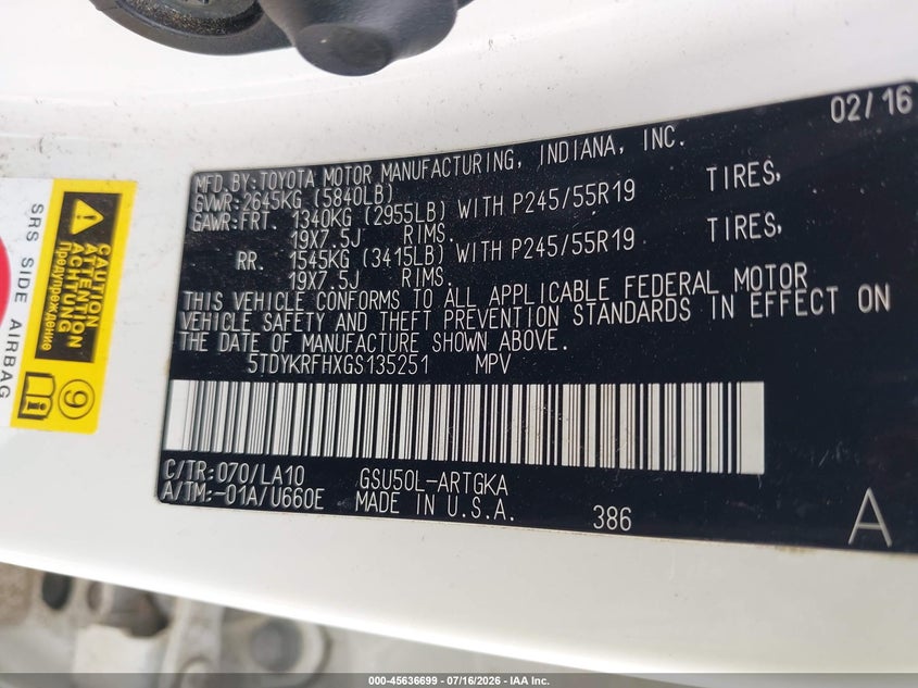 2016 Toyota Highlander VIN 5TDYKRFHXGS135251 IAAI salvage auction — MECHANICAL, Rebuildable (Florida), sold $5,300 on 2026-08-02 (photo 9)