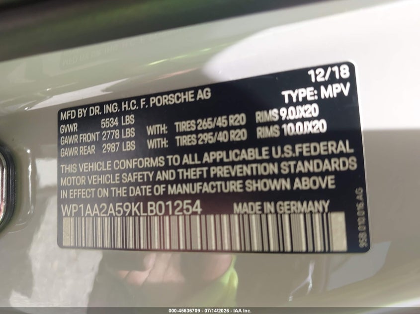 2019 Porsche Macan VIN WP1AA2A59KLB01254 IAAI salvage auction — LEFT REAR, Salvage Title, sold $13,200 on 2026-07-29 (photo 9)