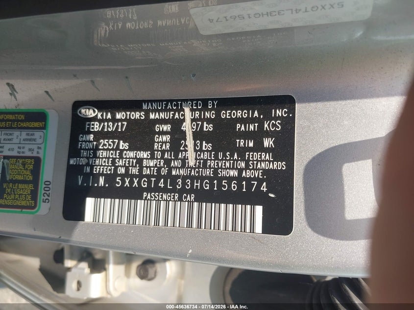 2017 Kia Optima VIN 5XXGT4L33HG156174 IAAI salvage auction — NORMAL WEAR, Salvage Title, sold $750 on 2026-07-27 (photo 9)