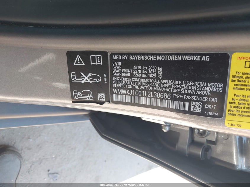2020 Mini Clubman VIN WMWXJ1C01L2L38686 IAAI salvage auction — RIGHT FRONT, Salvage Title, sold $2,900 on 2026-08-01 (photo 9)