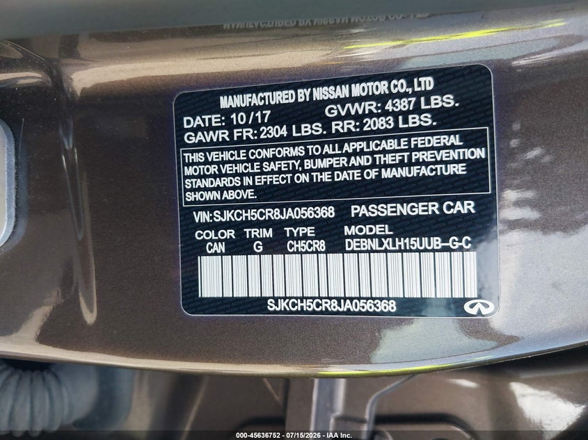 2018 Infiniti Qx30 VIN SJKCH5CR8JA056368 IAAI salvage auction — UNKNOWN, Original (Texas), sold $7,400 on 2026-08-19 (photo 9)