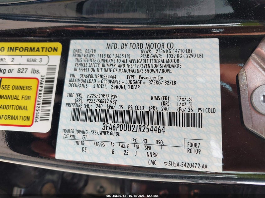 2018 Ford Fusion VIN 3FA6P0UU2JR254464 IAAI salvage auction — NORMAL WEAR, Sf97 (New York), sold $11,300 on 2026-07-23 (photo 9)