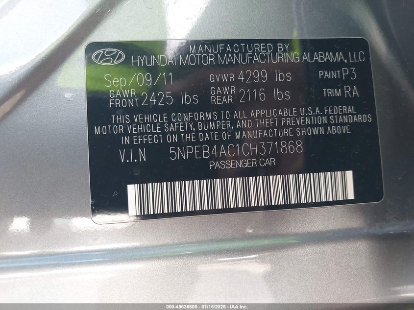 2012 Hyundai Sonata VIN 5NPEB4AC1CH371868 IAAI salvage auction — FRONT & REAR, Salvage Title, sold $1,600 on 2026-07-27 (photo 9)