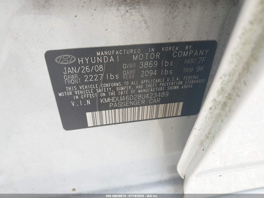 2008 Hyundai Elantra VIN KMHDU46D28U423489 IAAI salvage auction — NORMAL WEAR, Clear (Florida), sold $475 on 2026-07-23 (photo 9)