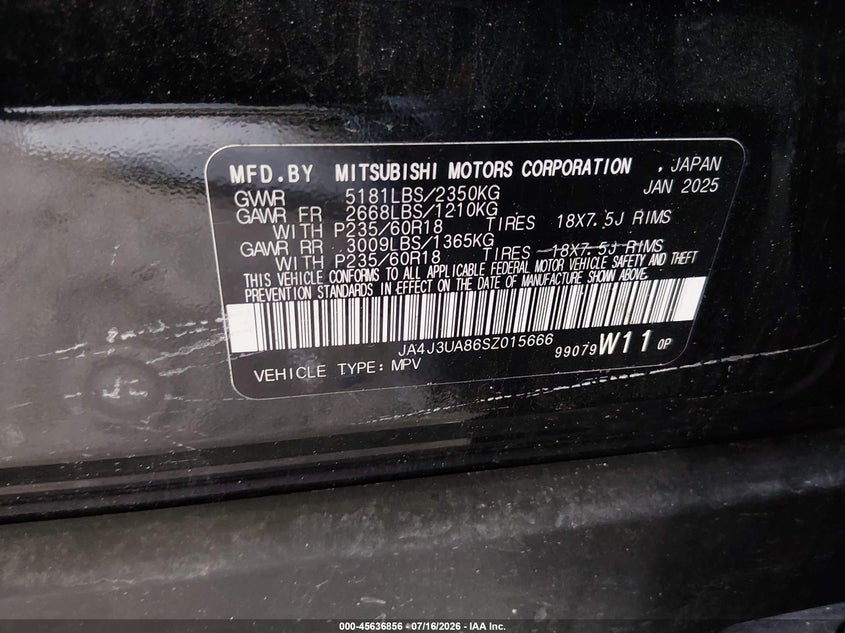 2025 Mitsubishi Outlander VIN JA4J3UA86SZ015666 IAAI salvage auction — FRONT & REAR, Wait Title, sold $3,700 on 2026-08-26 (photo 9)