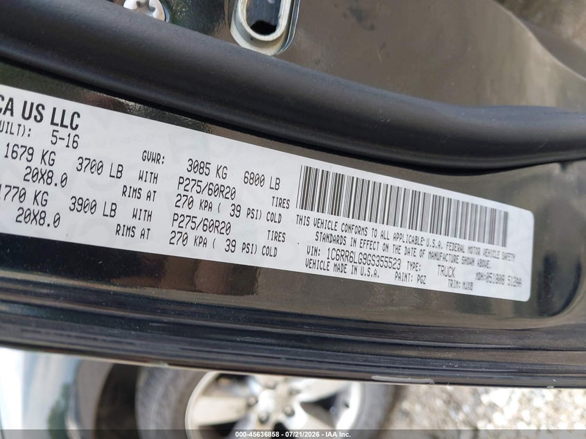 2016 Ram 1500 VIN 1C6RR6LG9GS355523 IAAI salvage auction — RIGHT FRONT, Wait Title, sold $3,500 on 2026-09-04 (photo 9)