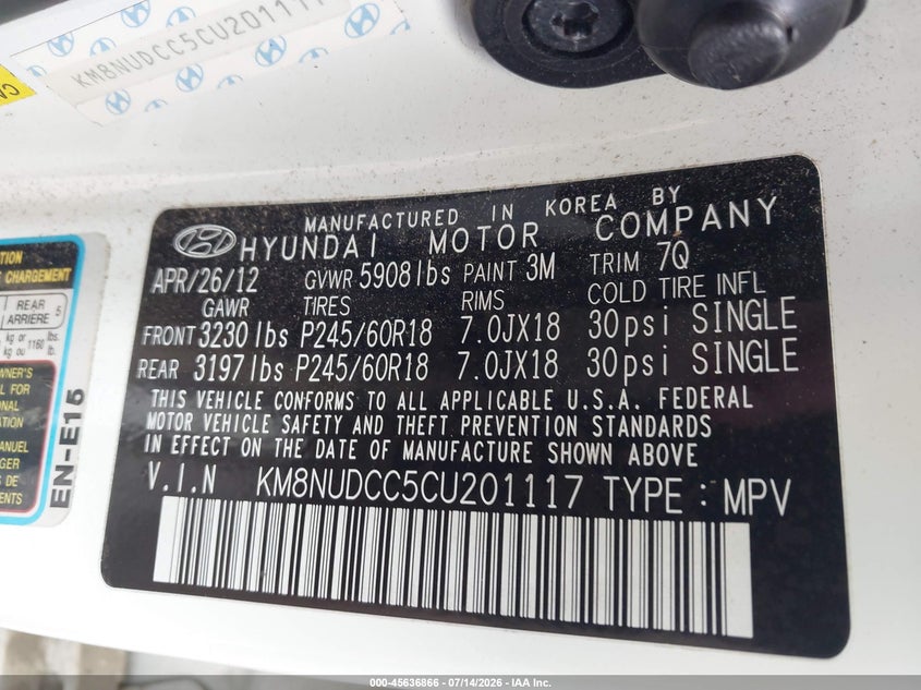 2012 Hyundai Veracruz VIN KM8NUDCC5CU201117 IAAI salvage auction — REPOSSESSION, Salvage Title, sold $875 on 2026-07-17 (photo 9)