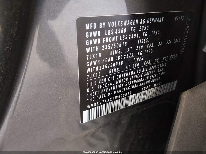 2016 Volkswagen Tiguan VIN WVGBV7AXXGW522927 IAAI salvage auction — FRONT END, Salvage Title, sold $1,700 on 2026-08-19 (photo 9)