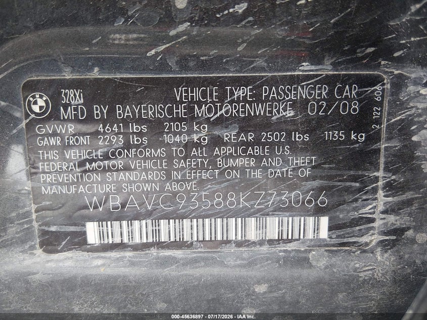 2008 BMW 3 series VIN WBAVC93588KZ73066 IAAI salvage auction — NORMAL WEAR, Certificate Of Title (Nebraska), sold $475 on 2026-07-31 (photo 9)