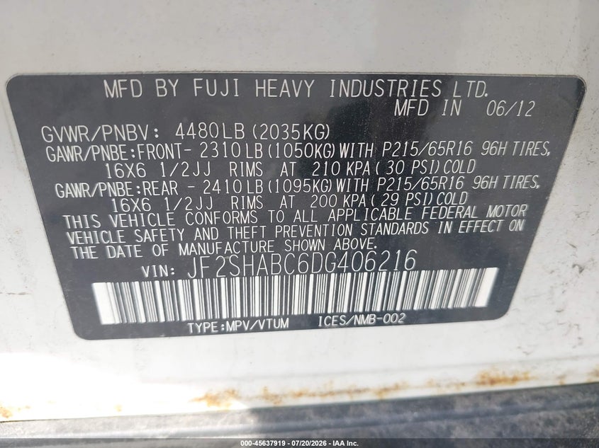 2013 Subaru Forester VIN JF2SHABC6DG406216 IAAI salvage auction — NORMAL WEAR, Clear (Massachusetts), sold $425 on 2026-07-31 (photo 9)