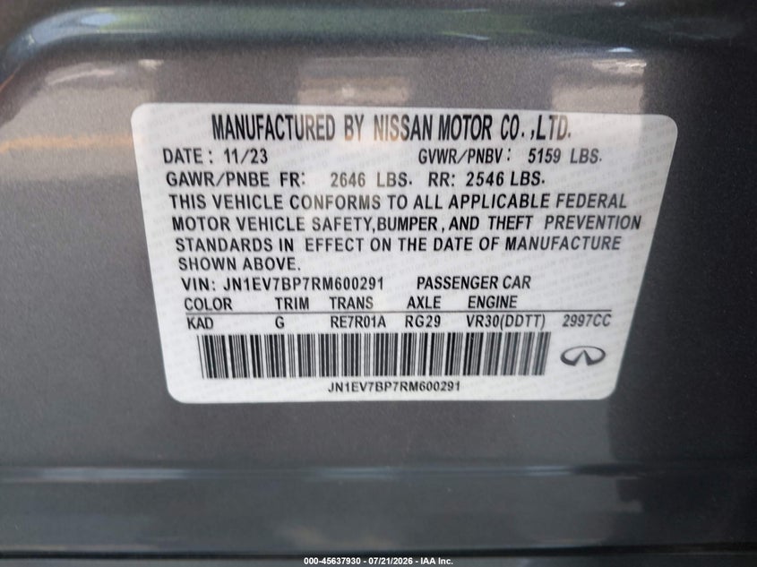 2024 Infiniti Q50 VIN JN1EV7BP7RM600291 IAAI salvage auction — NORMAL WEAR, Clear (California), sold $5,100 on 2026-07-30 (photo 9)