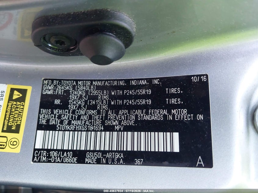 2016 Toyota Highlander VIN 5TDYKRFHXGS181694 IAAI salvage auction — SIDE, Salvage (North Carolina), sold $7,100 on 2026-08-02 (photo 9)