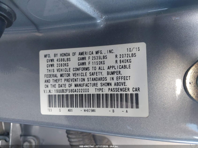 2016 Acura Tlx VIN 19UUB2F58GA002000 IAAI salvage auction — RIGHT FRONT, Salvage Certificate (California), sold $2,150 on 2026-07-24 (photo 9)