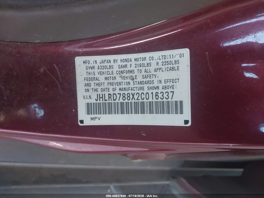 2002 Honda Cr-v VIN JHLRD788X2C016337 IAAI salvage auction — NORMAL WEAR, Salvage Title - Dealer (California), sold $750 on 2026-07-28 (photo 9)