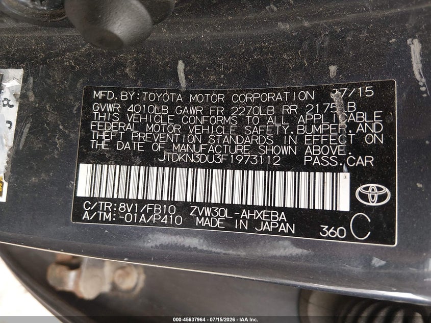 2015 Toyota Prius VIN JTDKN3DU3F1973112 IAAI salvage auction — NORMAL WEAR, Clear (Massachusetts), sold $800 on 2026-07-28 (photo 9)