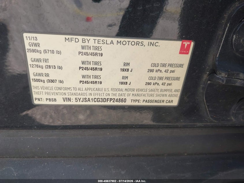 2013 Tesla Model s VIN 5YJSA1CG3DFP24860 IAAI salvage auction — NORMAL WEAR, Salvage Title, sold $1,975 on 2026-07-30 (photo 9)