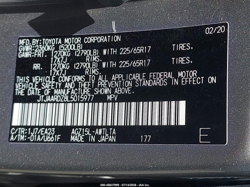 2020 Lexus Nx VIN JTJAARDZ8L5015977 IAAI salvage auction — LEFT SIDE, Salvage Title, sold $25 on 2026-07-23 (photo 9)