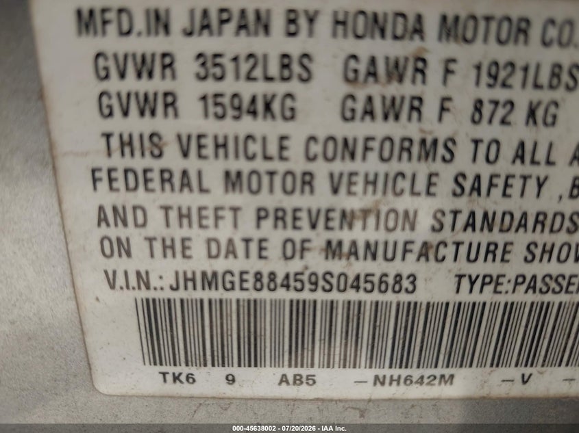 2009 Honda Fit VIN JHMGE88459S045683 IAAI salvage auction — NORMAL WEAR, Original (Texas), sold $175 on 2026-07-29 (photo 9)