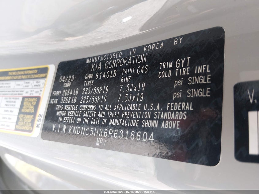 2024 Kia Carnival VIN KNDNC5H36R6316604 IAAI salvage auction — NORMAL WEAR, Salvage Title, sold $16,225 on 2026-07-30 (photo 9)