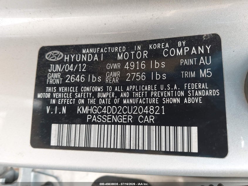 2012 Hyundai Genesis VIN KMHGC4DD2CU204821 IAAI salvage auction — NORMAL WEAR, Clear (Florida), sold $225 on 2026-07-28 (photo 9)