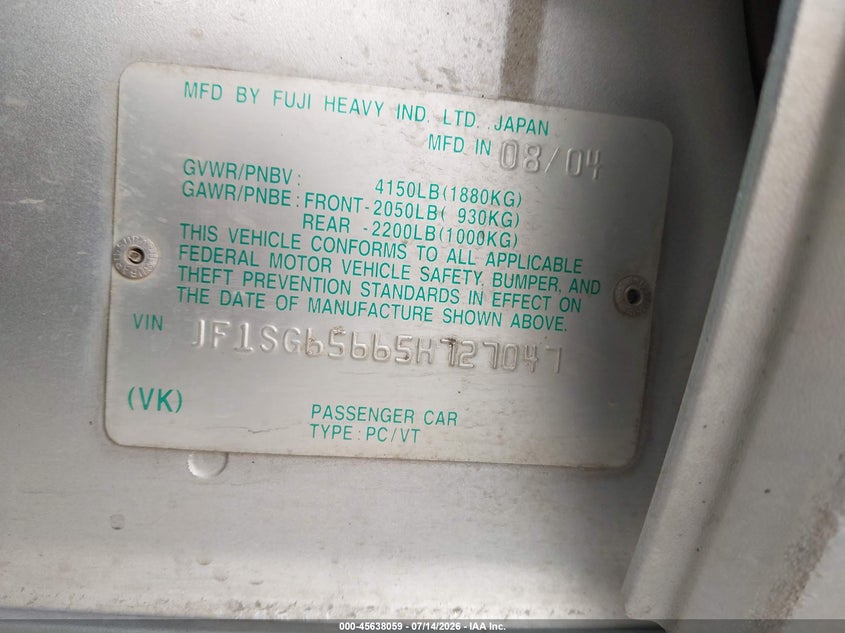 2005 Subaru Forester VIN JF1SG65665H727047 IAAI salvage auction — NORMAL WEAR, Clear (New Mexico), sold $750 on 2026-07-20 (photo 9)