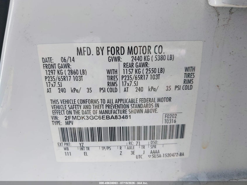 2014 Ford Edge VIN 2FMDK3GC6EBA83481 IAAI salvage auction — RIGHT FRONT, Salvage Certificate (California), sold $475 on 2026-07-18 (photo 9)