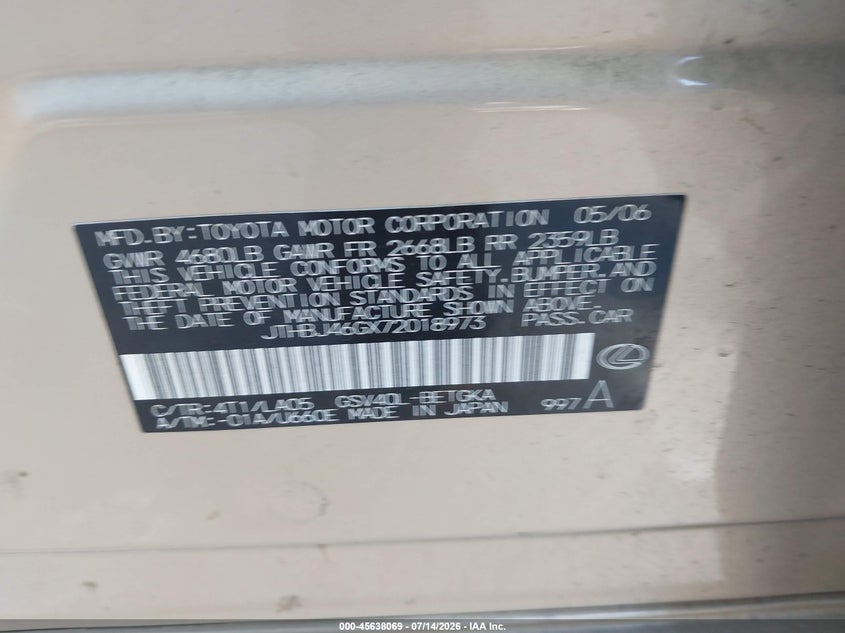 2007 Lexus Es 350 VIN JTHBJ46GX72018973 IAAI salvage auction — NORMAL WEAR, Clear - Dealer Only (California), sold $650 on 2026-07-23 (photo 9)