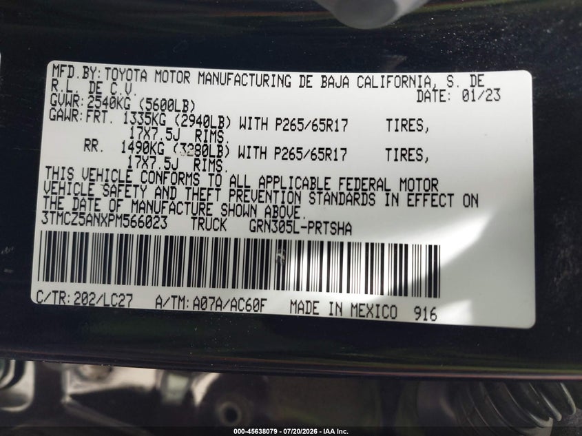 2023 Toyota Tacoma VIN 3TMCZ5ANXPM566023 IAAI salvage auction — FRONT END, Salvage (California), sold $15,325 on 2026-07-29 (photo 9)