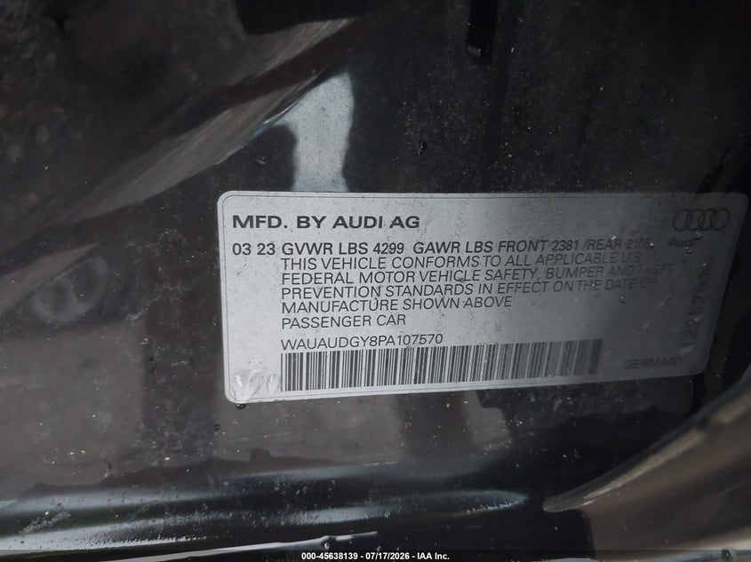 2023 Audi A3 VIN WAUAUDGY8PA107570 IAAI salvage auction — STORM DAMAGE, Wait Title, sold $7,600 on 2026-09-01 (photo 9)