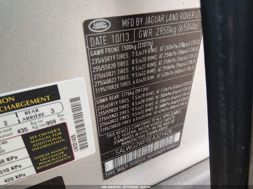 2014 Land rover Range rover sport VIN SALWG2WF5EA321426 IAAI salvage auction — NORMAL WEAR, Clear-Dealer Only (Arizona), sold $300 on 2026-07-28 (photo 9)