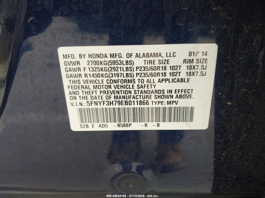2014 Honda Pilot VIN 5FNYF3H79EB011866 IAAI salvage auction — RIGHT FRONT, Wait Title, sold $1,600 on 2026-08-03 (photo 9)