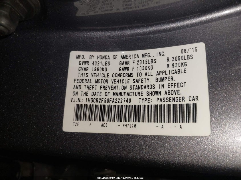 2015 Honda Accord VIN 1HGCR2F50FA222740 IAAI salvage auction — FRONT END, Salvage Title, sold $2,700 on 2026-07-28 (photo 9)