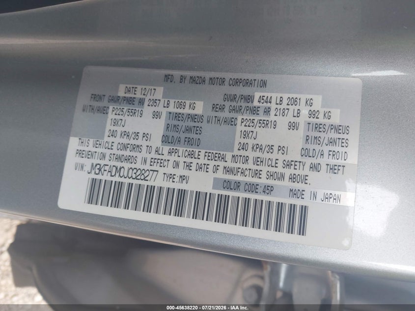 2018 Mazda Cx-5 VIN JM3KFADM0J0328277 IAAI salvage auction — NORMAL WEAR, Clear (New Jersey), sold $2,250 on 2026-07-28 (photo 9)