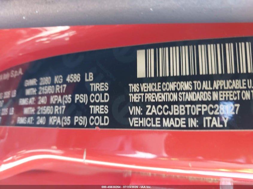 2015 Jeep Renegade VIN ZACCJBBT0FPC28127 IAAI salvage auction — FRONT END, Wait Title, sold $500 on 2026-08-21 (photo 9)