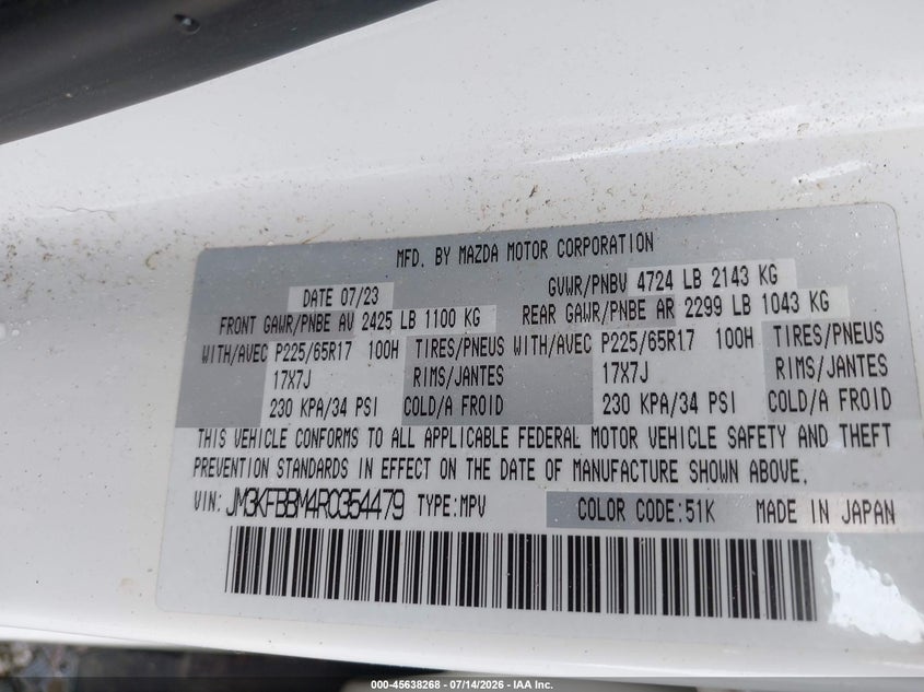 2024 Mazda Cx-5 VIN JM3KFBBM4R0354479 IAAI salvage auction — NORMAL WEAR, Salvage Title, sold $25 on 2026-07-24 (photo 9)