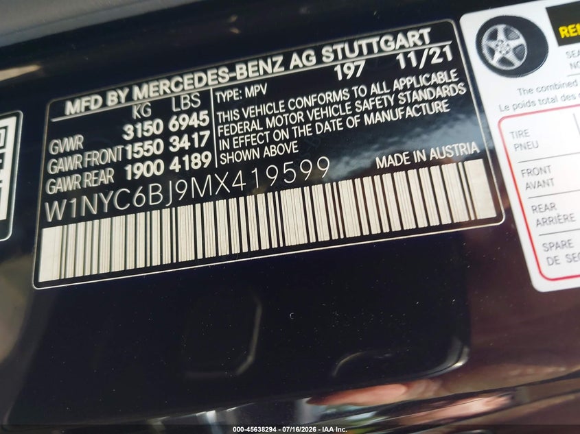 2021 Mercedes-benz G-klasse VIN W1NYC6BJ9MX419599 IAAI salvage auction — UNKNOWN, Salvage (Virginia), sold $69,000 on 2026-07-26 (photo 9)