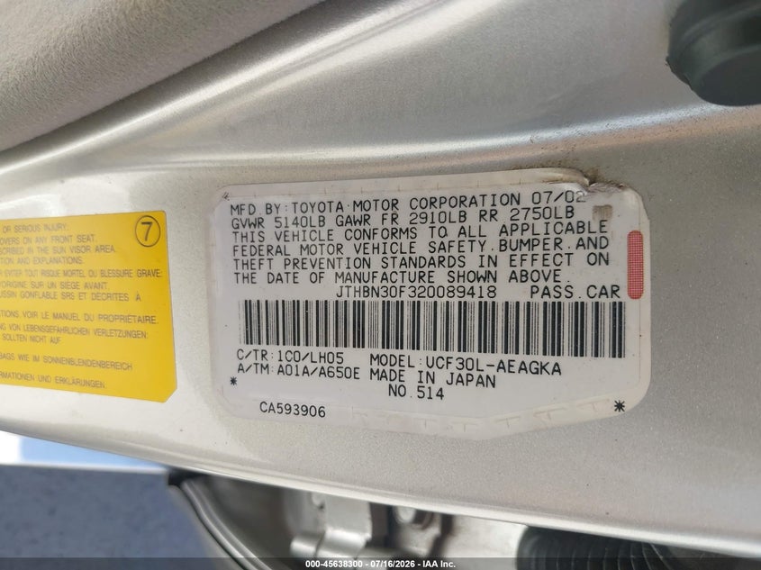 2002 Lexus Ls 430 VIN JTHBN30F320089418 IAAI salvage auction — NORMAL WEAR, Clear - Dealer Only (California), sold $25 on 2026-07-21 (photo 9)