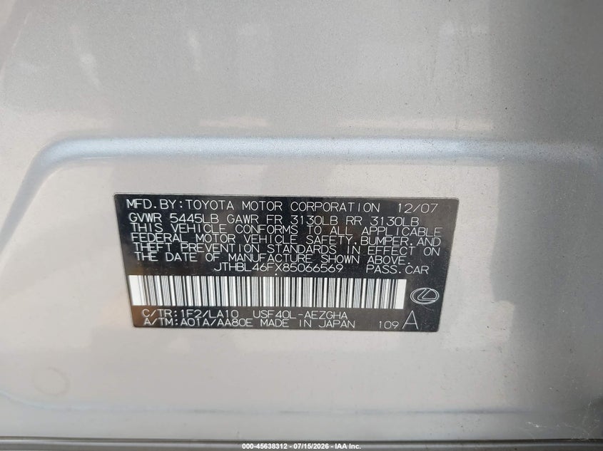 2008 Lexus Ls 460 VIN JTHBL46FX85066569 IAAI salvage auction — NORMAL WEAR, Clear (Tennessee), sold $225 on 2026-07-28 (photo 9)