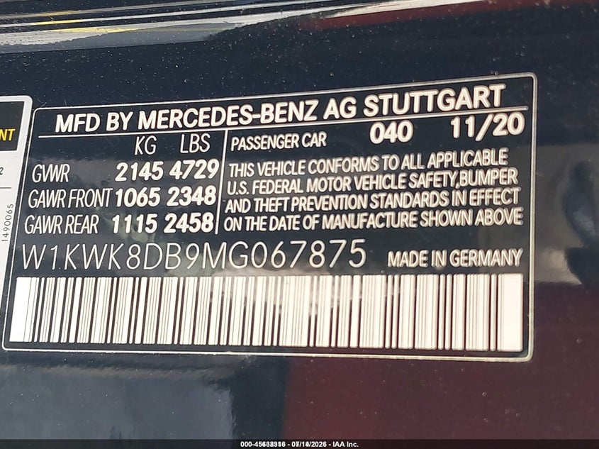 2021 Mercedes-benz C class VIN W1KWK8DB9MG067875 IAAI salvage auction — ENGINE DAMAGE, Rebuildable (Florida), sold $25 on 2026-07-23 (photo 9)