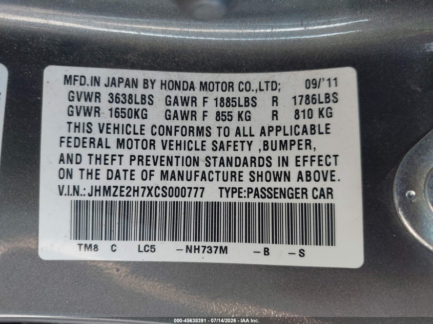 2012 Honda Insight VIN JHMZE2H7XCS000777 IAAI salvage auction — NORMAL WEAR, Salvage Title, sold $400 on 2026-07-29 (photo 9)