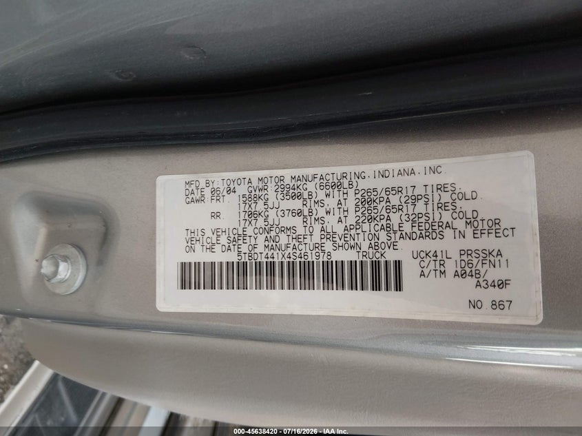 2004 Toyota Tundra VIN 5TBDT441X4S461978 IAAI salvage auction — FRONT END, Salvage (Pennsylvania), sold $2,800 on 2026-07-31 (photo 9)