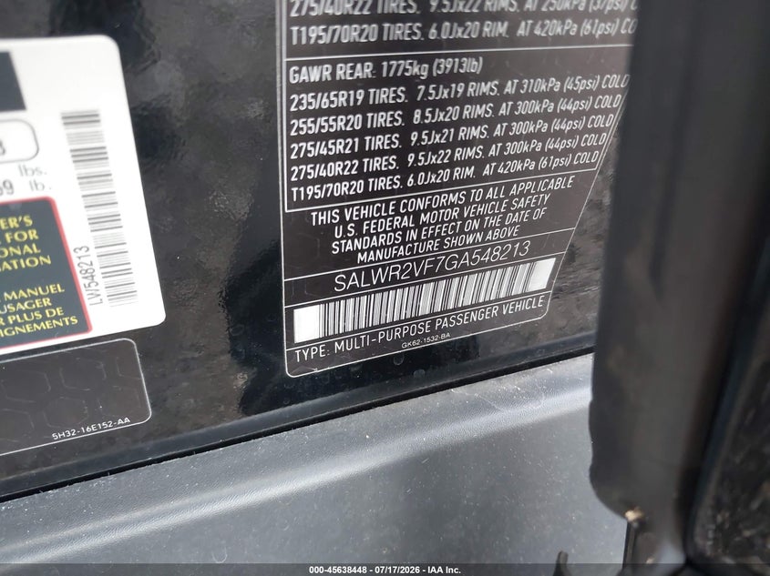 2016 Land rover Range rover sport VIN SALWR2VF7GA548213 IAAI salvage auction — ENGINE DAMAGE, Clear (Florida), sold $1,750 on 2026-07-29 (photo 9)