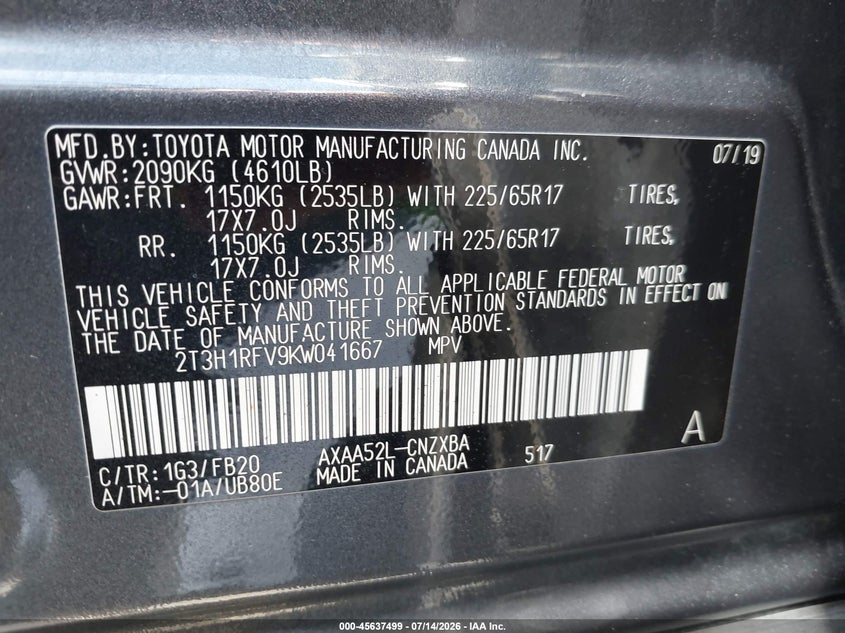 2019 Toyota Rav 4 VIN 2T3H1RFV9KW041667 IAAI salvage auction — REAR END, Salvage Title, sold $6,600 on 2026-07-25 (photo 9)